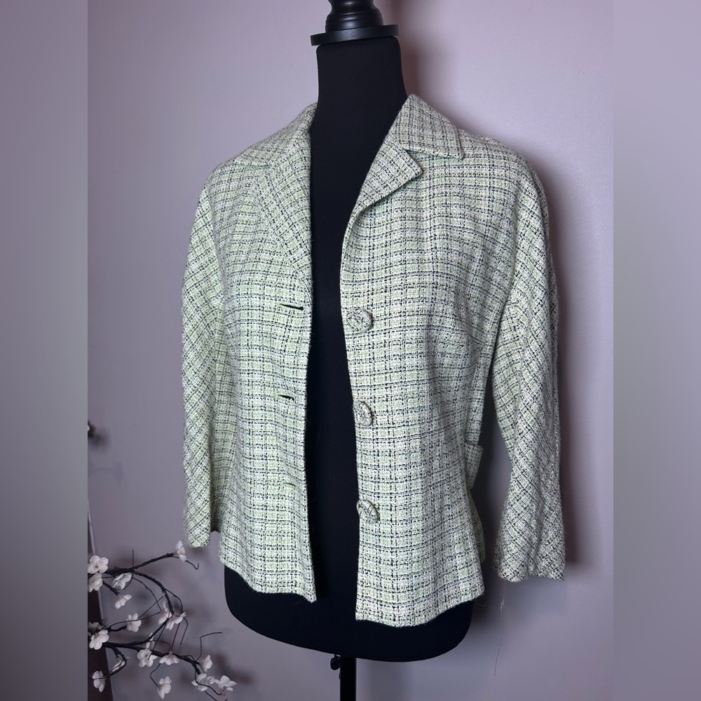 Nine West Tweed Jacket Green Cropped Blazer Belted Jacket Size Large
